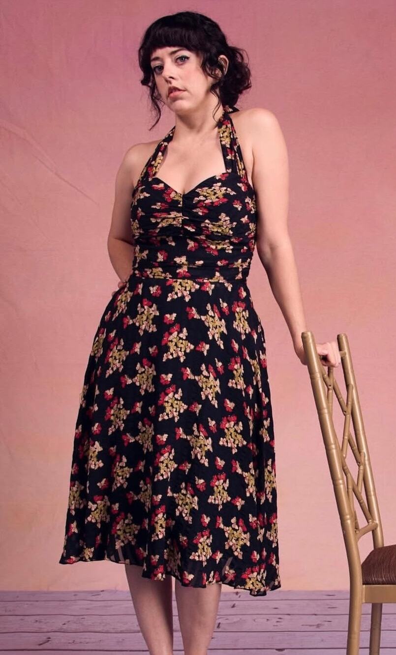 VTG Betsey Johnson Silk 90s‎ Butterfly Halter Dress Sz 2  Rockabilly Pinup